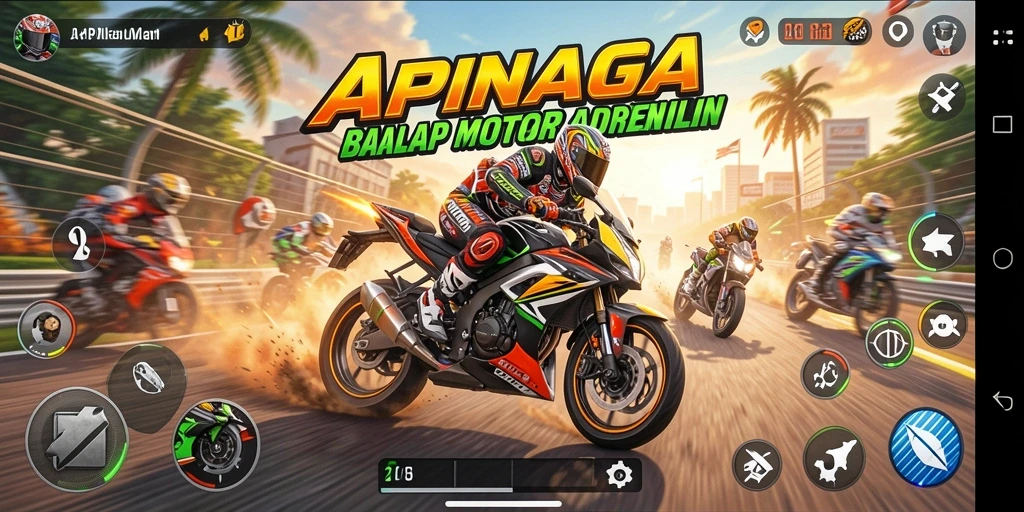 Screenshot gameplay APINAGA menampilkan balapan motor yang seru dan mendebarkan.