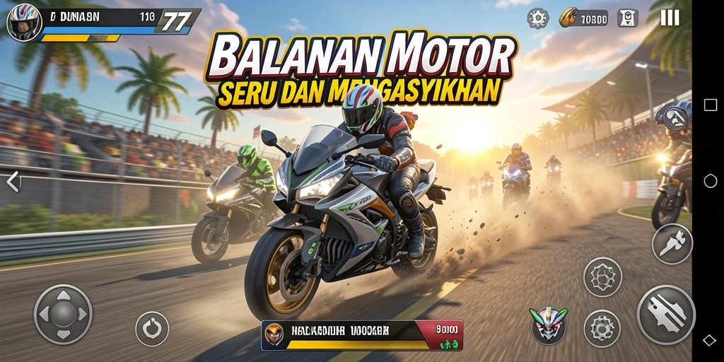Tampilan gameplay menarik di <strong>DUNIA77</strong> dengan balapan motor yang mendebarkan.