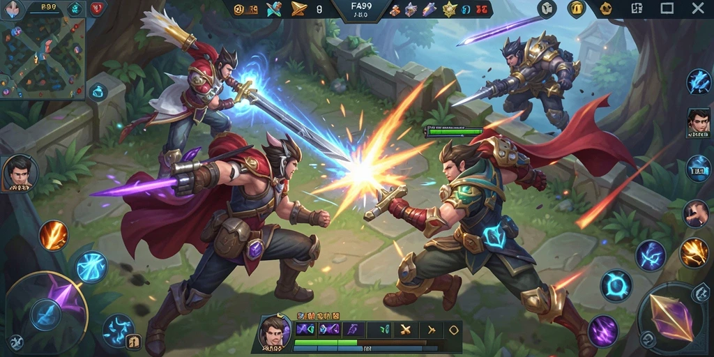 Screenshot gameplay FA99 dengan pertarungan seru dan karakter menarik.