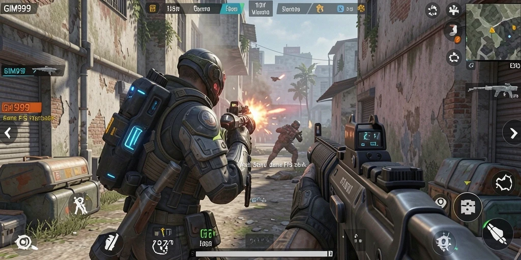 Tangkapan layar gameplay GIM999 dengan aksi menembak yang cepat.