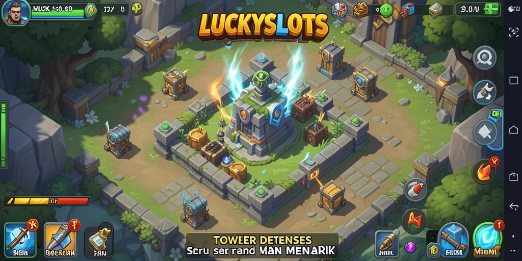 Tampilan screenshot LUCKYSLOTS menampilkan aksi seru di medan perang Tower Defense.