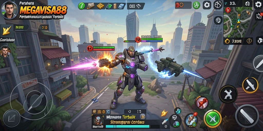 Screenshot gameplay MEGAVISA88 menunjukkan aksi menara melawan gelombang musuh.